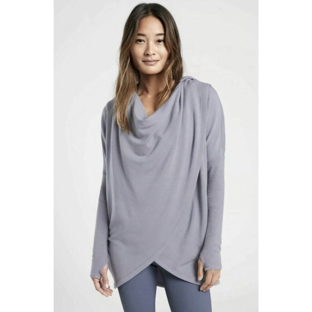 Athleta Purana Wrap Hooded Top Fleece Tempest Violet/Gray Cowl Neck Women’s L